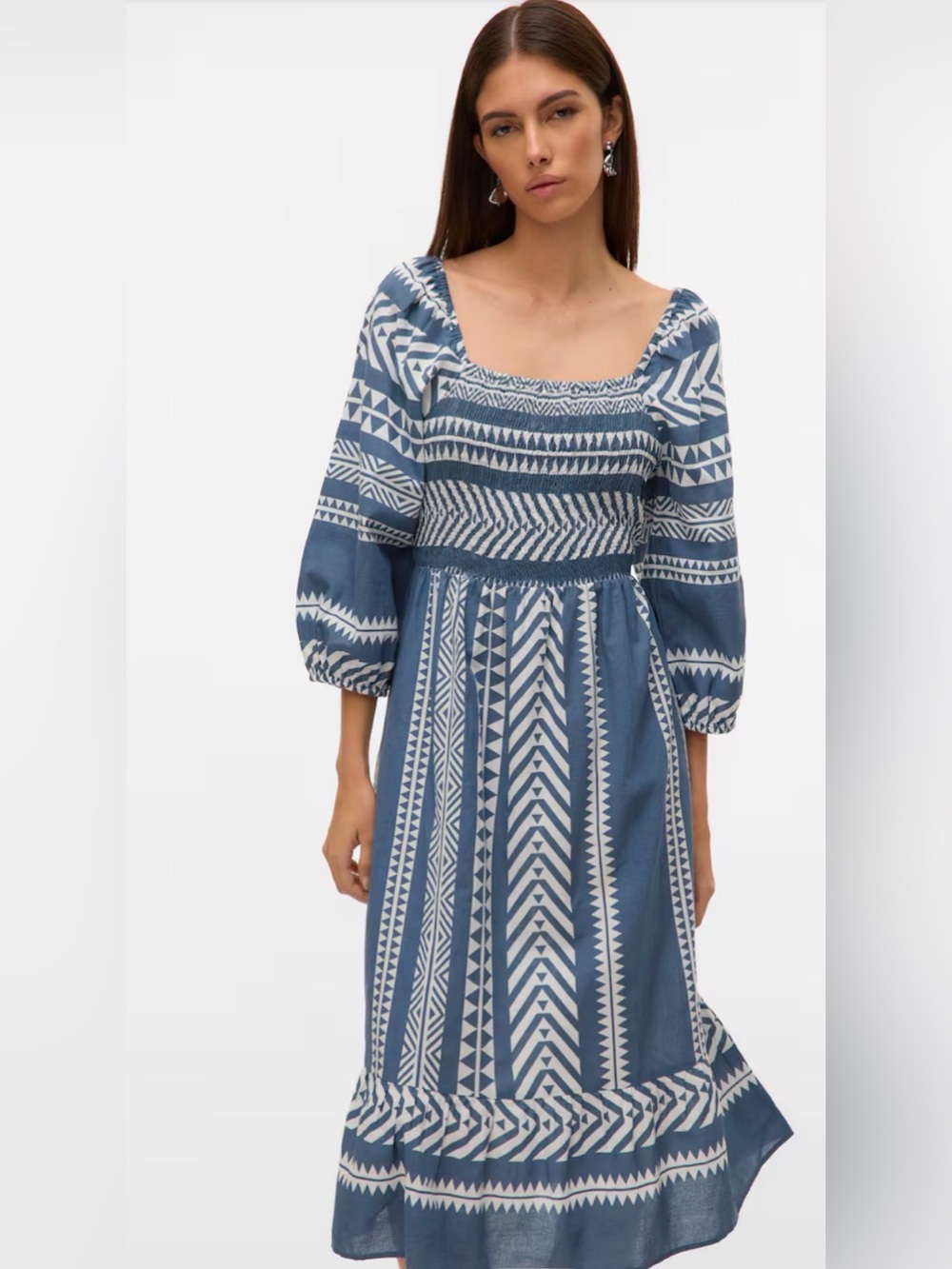 VERO MODA Organic Cotton Dress 'VMDICTHE' Smoke Blue Size Medium Puff Sleeve